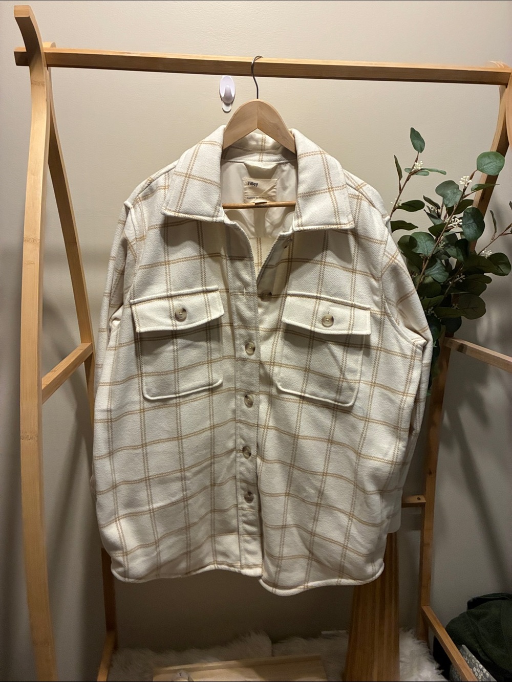 NWOT Tilley Cream Windowpane Teddy Shacket with Front Flap Pockets